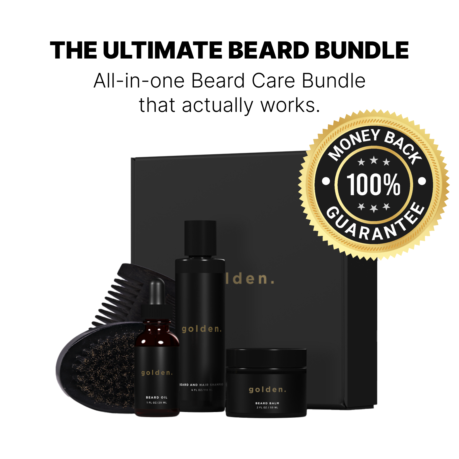 Beard care products with a money-back guarantee badge.